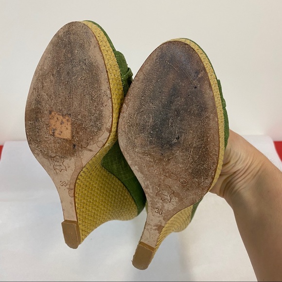 Aldo Green Gold Straw Wedge Ankle Strap Shoes - Picture 4 of 9